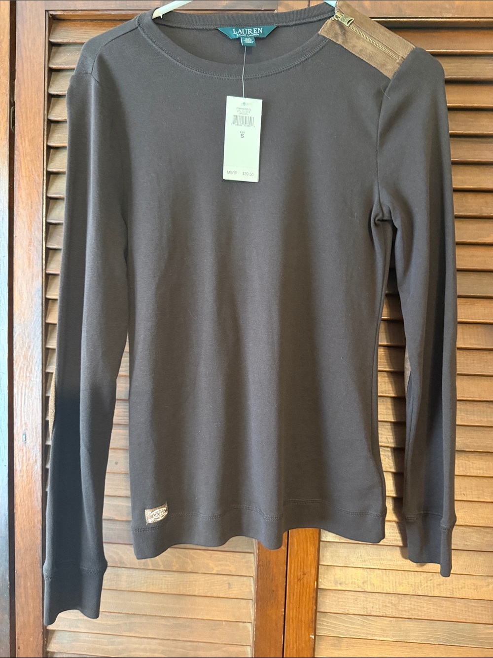 Lauren Ralph Lauren Brown Long Sleeve Crewneck Top with Suede Shoulder Tab